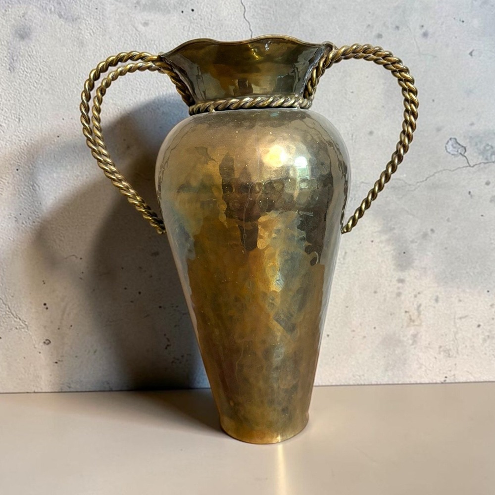 Vintage Hammered Brass Vase 14 Inch Scalloped Rim Twisted Rope Handles